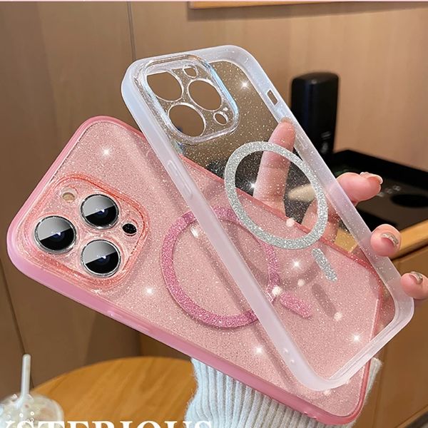 

luxury matte magsafe magnetic wireless charger glitter clear bling hard case for iphone 14 pro max 13 12 pro korea fashion cover