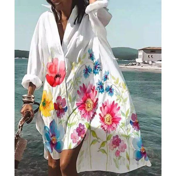 

party dresses vintage oversized shirt dres summer elegant printed long sleeve loose v neck holiday beach vestidos 230428, White;black