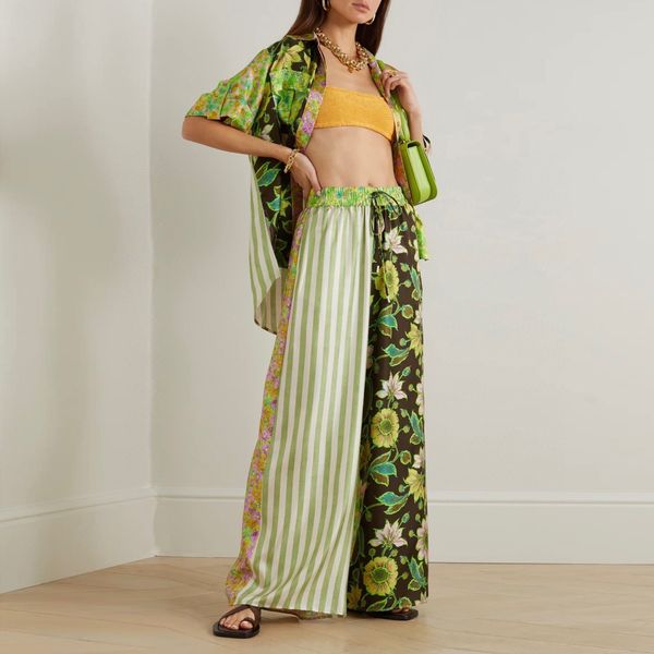 

australian designer women's two-piece set floral printed silk pants and short sleeve silk shirt, Black;white