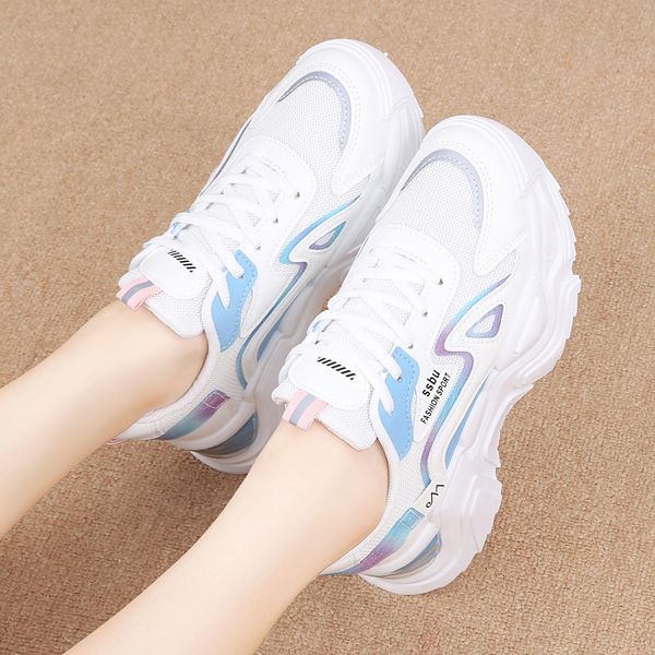 

platform sneakers women mesh breathable trainers lace-up round toe thick sole ladies shoes casual flats chunky shoes, Black