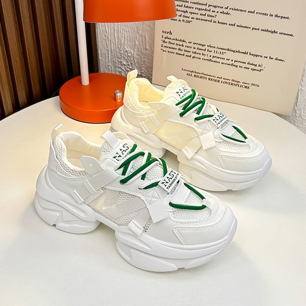 

women sneakers chunky mesh breathable flat platform shoes ladies lace-up round toe casual solid sport running sneaker, Black