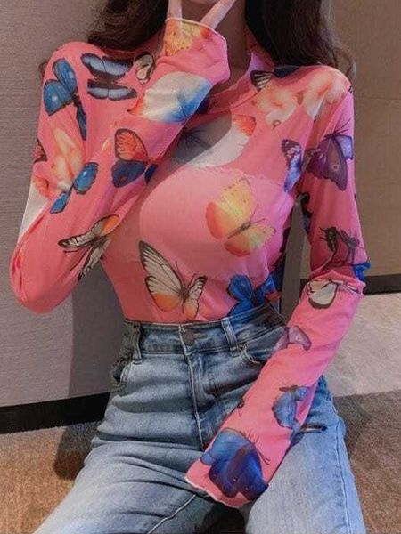 

women's t shirt summer street style long sleeve ed women t shirt transparent mesh tee beach female clothes 230428, White