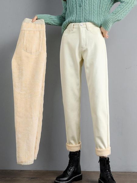 

jeans autumn winter warm velvet jeans women straight denim pants korean harem trouser mom jeans soft fashion high waist pant 2023 new, Blue