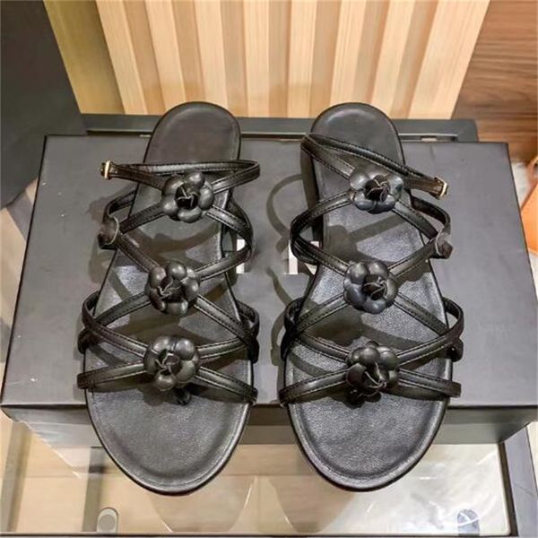 

designer women sandals flip flop sheepskin flower sandal workmanship rubber sole casual outdoor beach shoe summer ladies slippers, Black