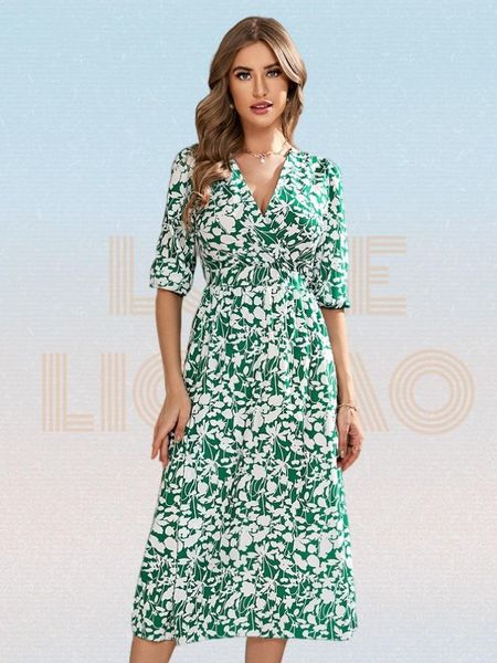 

dresses all over floral print lantern sleeve high split flared hem dress woemn vneck aline casual long dress summer boho dress robe, Black;gray