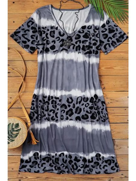 

gray leopard color block v-neck t-shirt dress, Black;gray