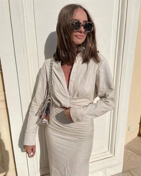 

dress 2021 summer women gray turndown collar long sleeve slim short shirt female side slit folds skirt ladies casual two pieces set, White