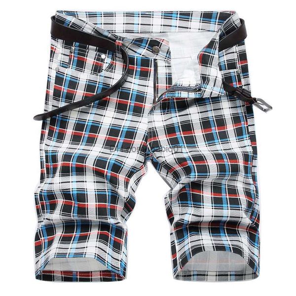 

men's shorts men plaid digital print shorts summer check tartan stretch denim breeches fashion slim jeans t230502, White;black