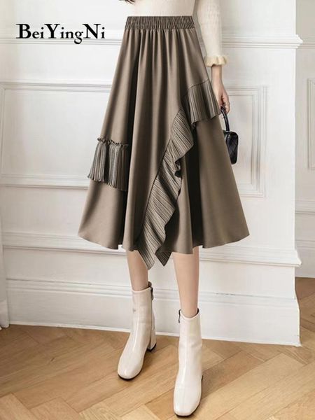 

dresses beiyingni women pleated midi skirt solid color ruffles patchwork lining vintage high waist aline skirts summer fashion faldas, White;black
