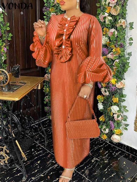 

dresses vonda autumn women maxi dress 2022 bohemian long sleeve striped pleated ruffles sundress elegant casual button party vestidos, Black;gray