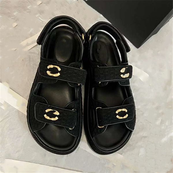 

fashion women's sandals 2023 channel luxury brand letter logo summer women's high heels men's casual student flats 012-017, Black