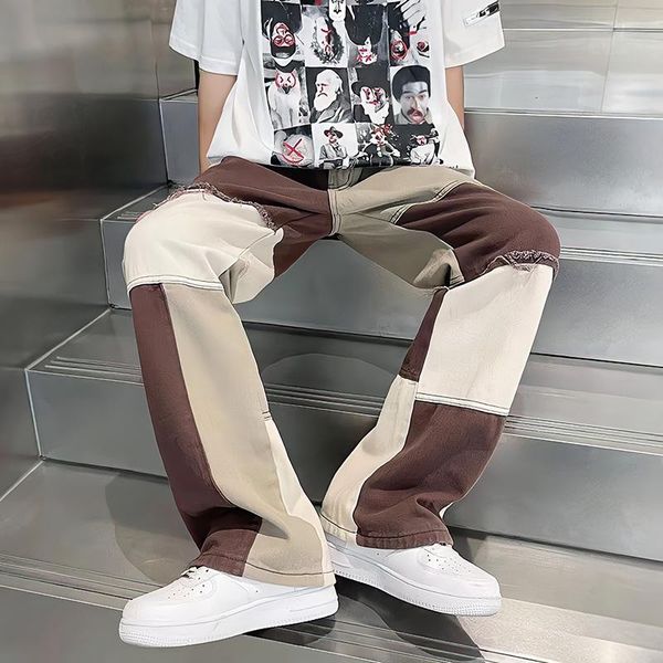 

jeans autumn brown striped patchwork baggy jeans women streetwear casual hip hop high waist straight trousers fashion white pants, Blue