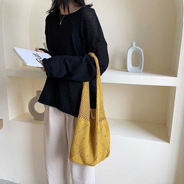 

nxy handmade lady retro chic crochet handbag korean fashion knitted braid hollow black yellow handle tote bag shopper sac 230424
