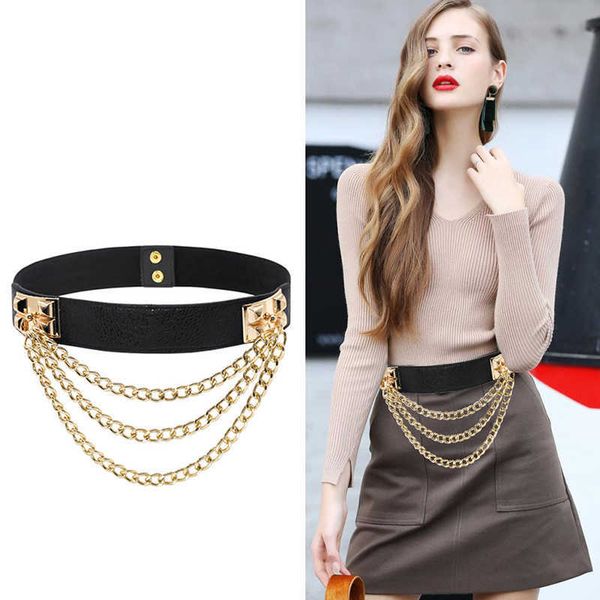 

other fashion accessories punk lazy gold chain women's belt metal rivet elastic pu leather waistbands allmatch dress decorative straps, Silver
