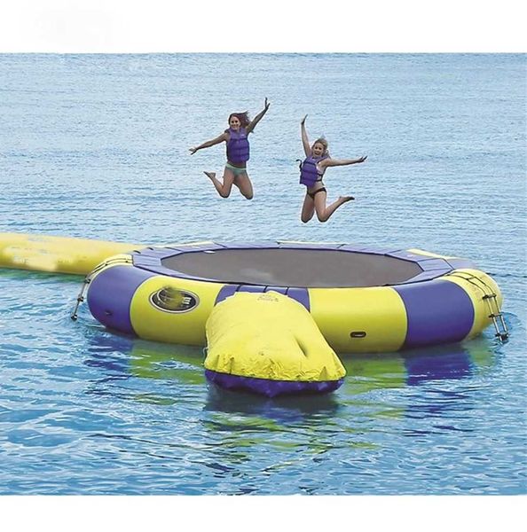 

outdoor sports goods yellow blue inflatable water trampoline with slide tube jumping pillow bag jump bouncers for ocean park games