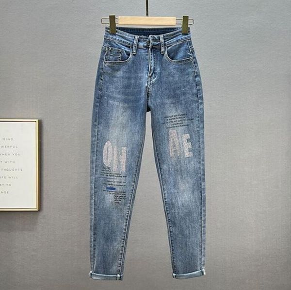 

jeans loose harem jeans for women new spring autumn high waist letter rhinestone denim pants s187, Blue
