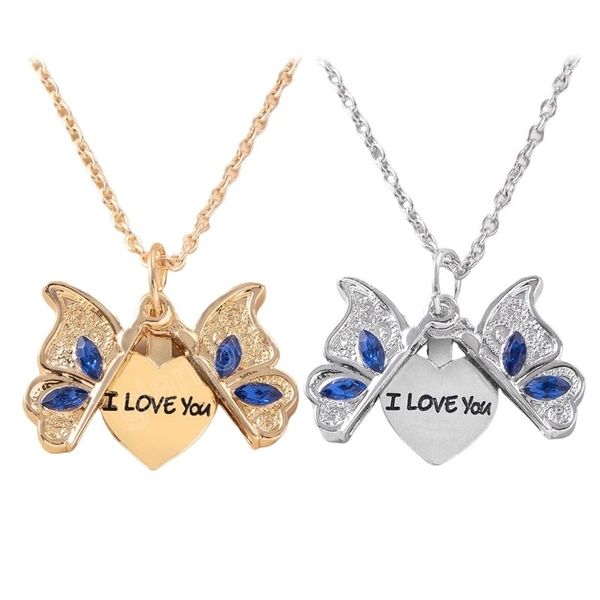 

creative openable crystal butterfly necklace heart-shaped i love you pendant necklace fashion gold silver color women jewelry