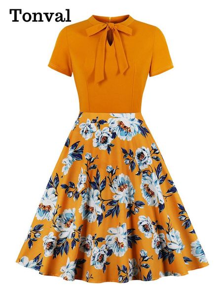 

dresses tonval orange and floral print tie neck short sleeve summer dress women elegant a line vintage retro swing dresses, Black;gray