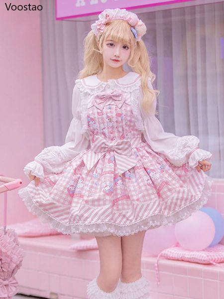 

dresses sweet lolita style cartoon print princess dress women cute bow lace party strap dresses girly harajuku kawaii y2k mini vestidos, Black;gray