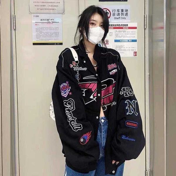 

men's jackets retro street hiphop reflective racing zipper jacket women punk trend y2k winter warm couple sweatshirt women loose jacket, Black;brown