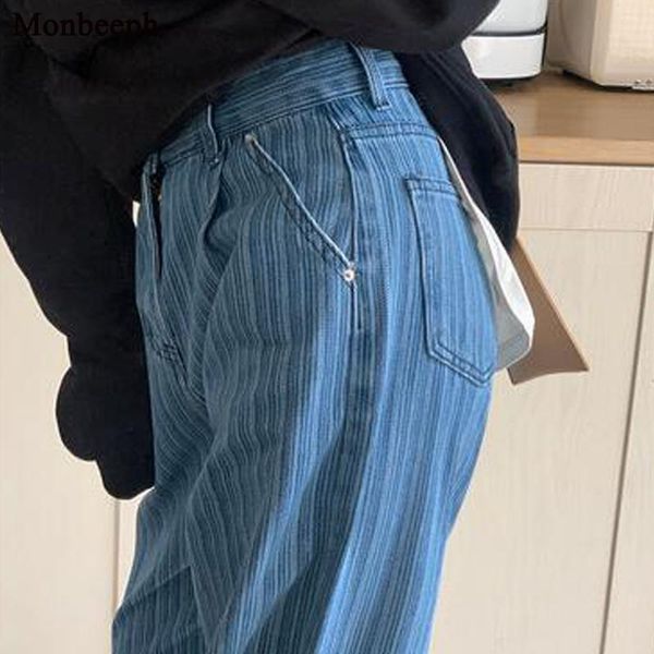 

jeans monbeeph summer streetwear nadruk w paski damskie jeansy wysokiej talii spodnie jeansowe harem spodnie damskie w paski m4xl, Blue