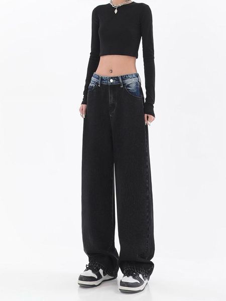 

jeans 2022 autumn spring fashion patchwork women long trousers pockets loose female wide leg denim pants ladies floorlength pants, Blue