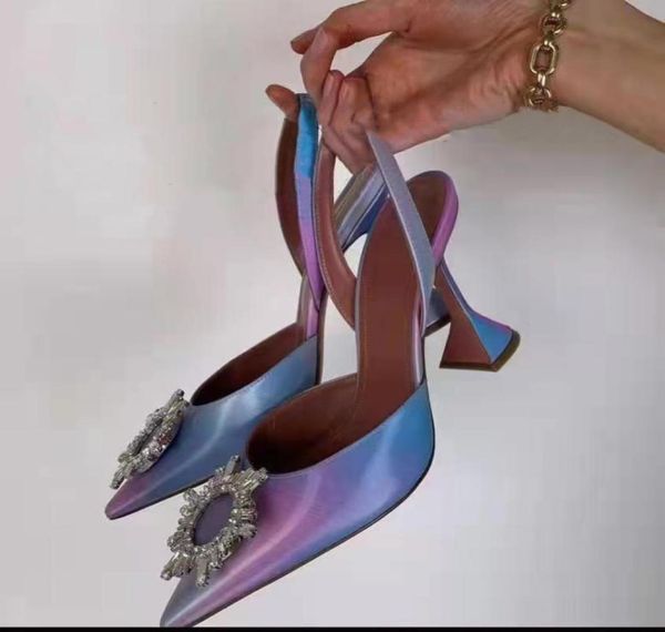 

amina muaddi pump women sandals leather sole high heels black pink diamond chain decoration banquet shoes wedding formal slip2689642