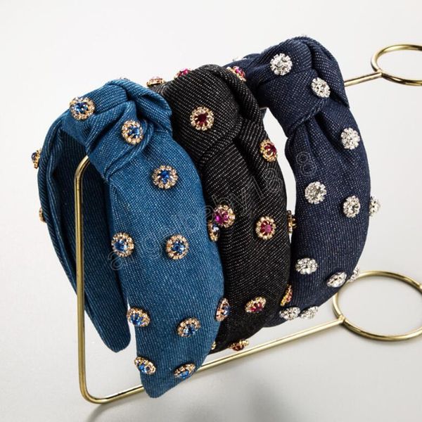 

fashion hair accessories for women denim rhinestone headband center knot casual headwear hairband, Slivery;white