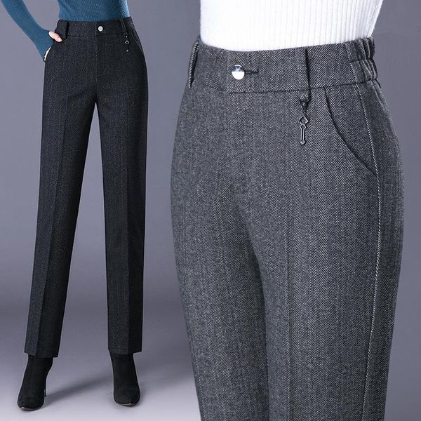 

capris woolen trousers women's fall/winter highwaist elastic striped straightleg pants slimfit warm trousers pants for women, Black;white