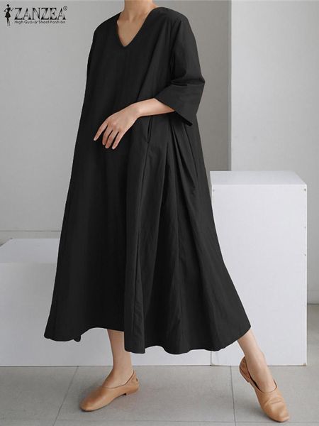 

dresses zanzea women summer dress oversize solid v neck 3/4 sleeve casual loose sundress femme robe baggy midi vestidos kaftan beach, Black;gray