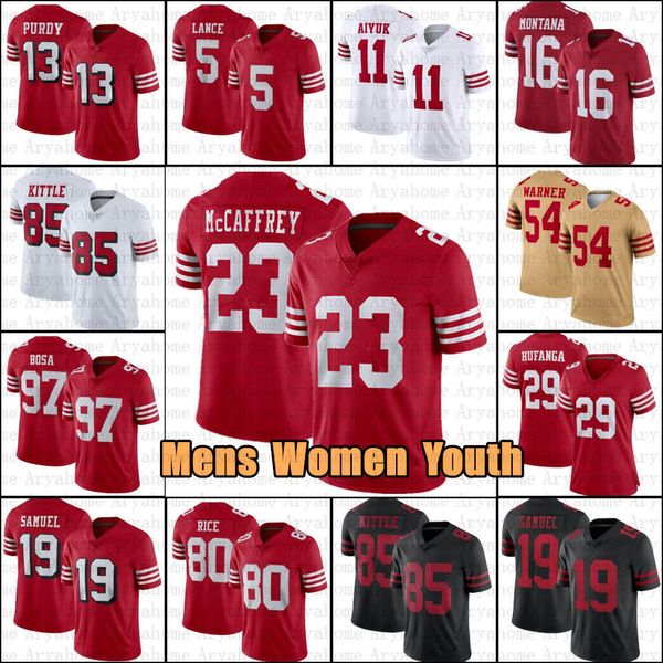 

deebo samuel 23 christian mccaffrey george kittle football jerseys nick bosa brock purdy trey lance joe montana jerry rice fred warner 49ers, Black;red