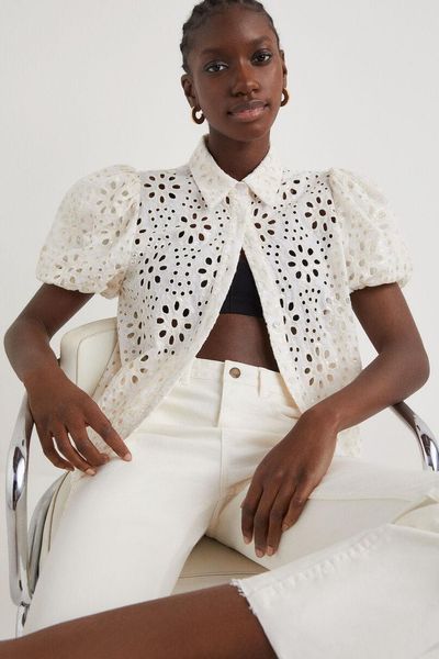 

polos embroidered sequined balloon sleeve short shirt, White