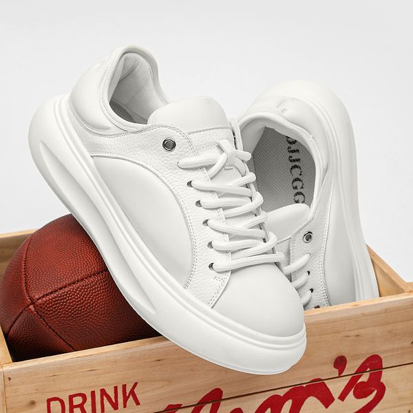 

men woman platform shoes fashion pure white genuine leather cowhide casual shoes thick bottom height increasing sneakers, Black