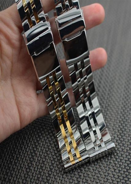 

watch accessories 18mm 20mm 22mm 24mm watchband polished solid stainless steel butterfly buckle strap bracelet for bretiling8609783, Black;brown