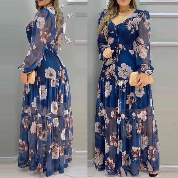 

dresses 2021 summer floral print vneck chiffon maxi dress casual loose long sleeve lantern sleeve beach wear style dress, Black;gray