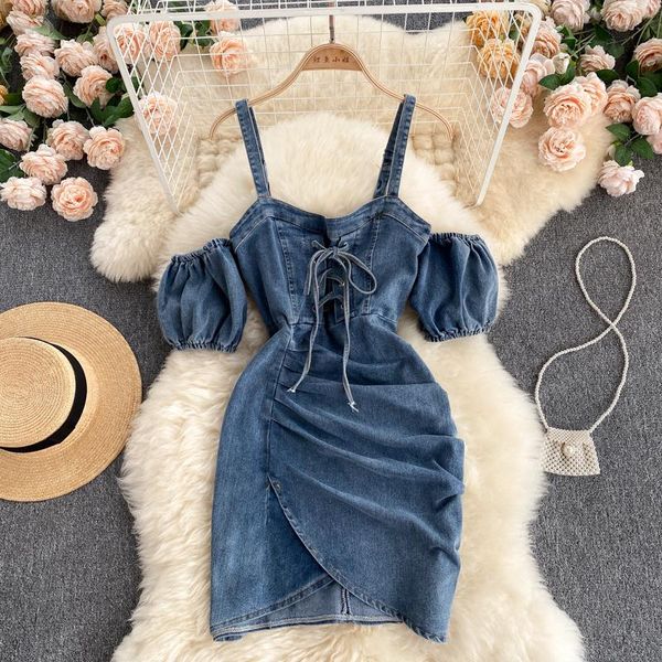 

dresses singreiny women retro denim strap dress korean puff sleeve ruched slim dress summer off shoulder streetwear short sundress, Black;gray