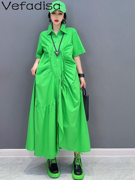 

dresses vefadisa 2023 spring new korean fashion polo neck shirt dress casual personalized women shirt skirt green and blue dress zy298, Black;gray