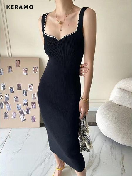 

dresses french style knitting elegant sleeveless vneck patch designs dresses 2023 summer luxury slim sheath camisole club dress, Black;gray