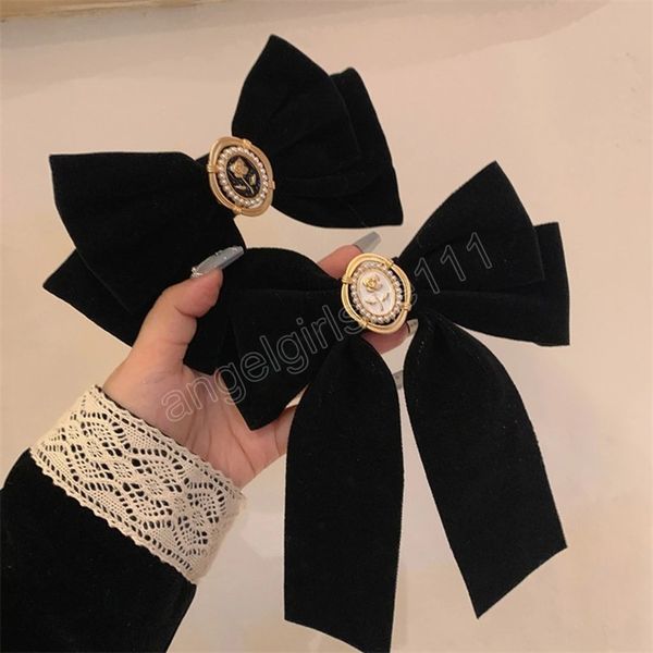 

large velvet bow hair clip for women girls wedding long ribbon vintage black big korean pearl hairpins barrette hair accessories, Slivery;white