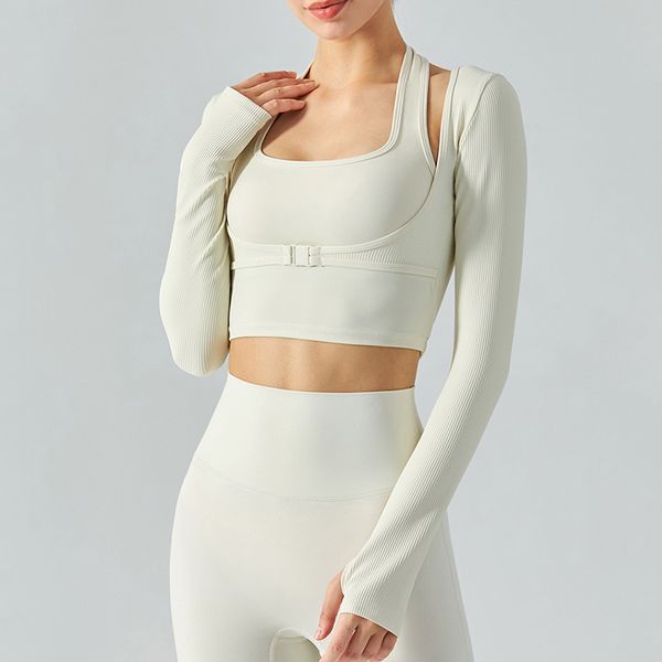 

long-sleeved sports yoga women's fitness clothing with chest padroie, White