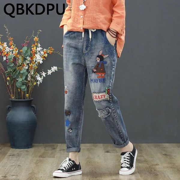 

jeans streetwear women casual vintage cartton embroidery harem capris jeans ladies korean large size loose elastic waist denim pants, Blue