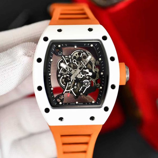 

richa milles mechanical watch white ceramic mens fully automatic personalized fashion cutout glow ultrathin tape trend jun, Slivery;black