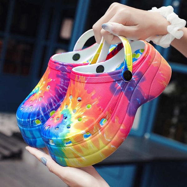 

slippers rainbow summer sandals women high heel fashion color platform sandals women clogs leopard garden platform shoes woman wedges j23050, Black