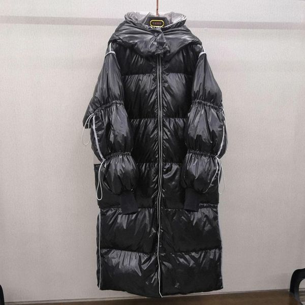 

parkas women long white duck down jacket with hood detachable female thick loose soft down coat windproof casual feather coat, Black