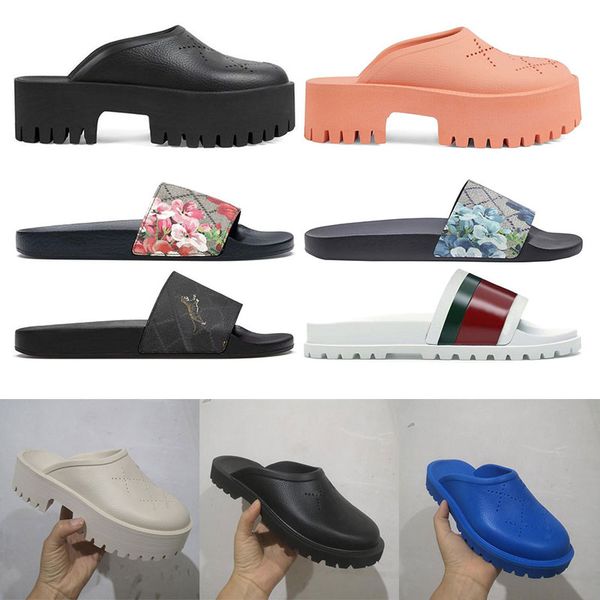 

luxury designer sandals women platforms floral brocade slippers flats rubber platform gear bottoms leather mens womens loafers casual slides, Black