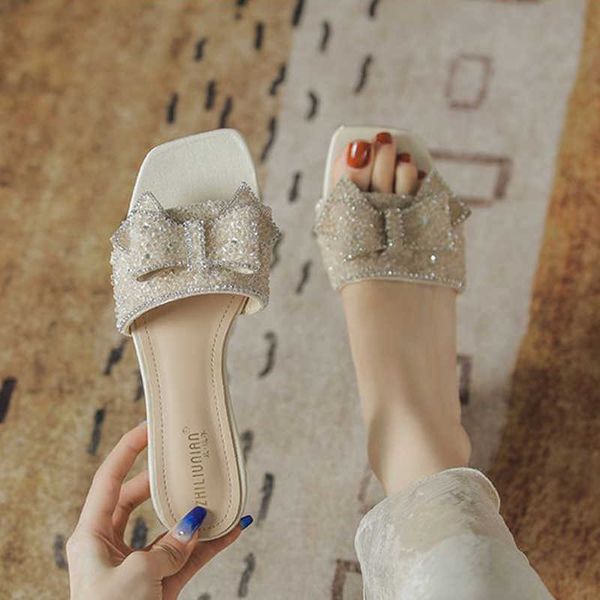 

slippers bow slippers women shoes 2023 crystal summer fashion new low heels chunky slides slingbacks designer dress sandals ladies shoes j23, Black