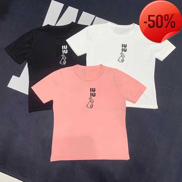 

designer haute couture miu rabbit year limited 2023 spring/summer rabbit pattern embroidered emblem plain t-shirt femalee, White