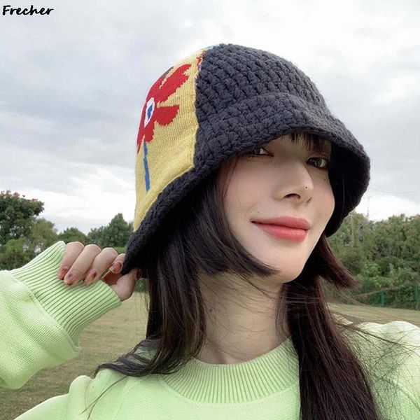 

wide brim hats bucket hats summer hollow crochet flower fisherman hat women version sunscreen sun visor breathable knitted crochet hat 23042, Blue;gray