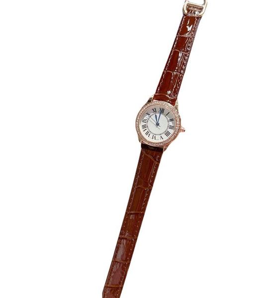 

women's brand watch disc, crystal inlaid dial, leather strap, women's fashion watch 32mm, Slivery;golden