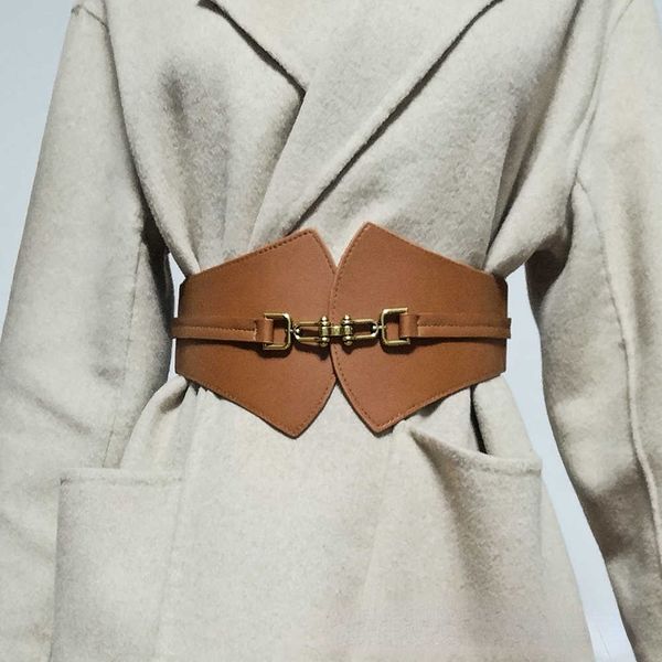

other fashion accessories 2023 women's belt fanshaped pair buckle high elastic wide belt pu leather corset dress coat fashion retro lux, Silver